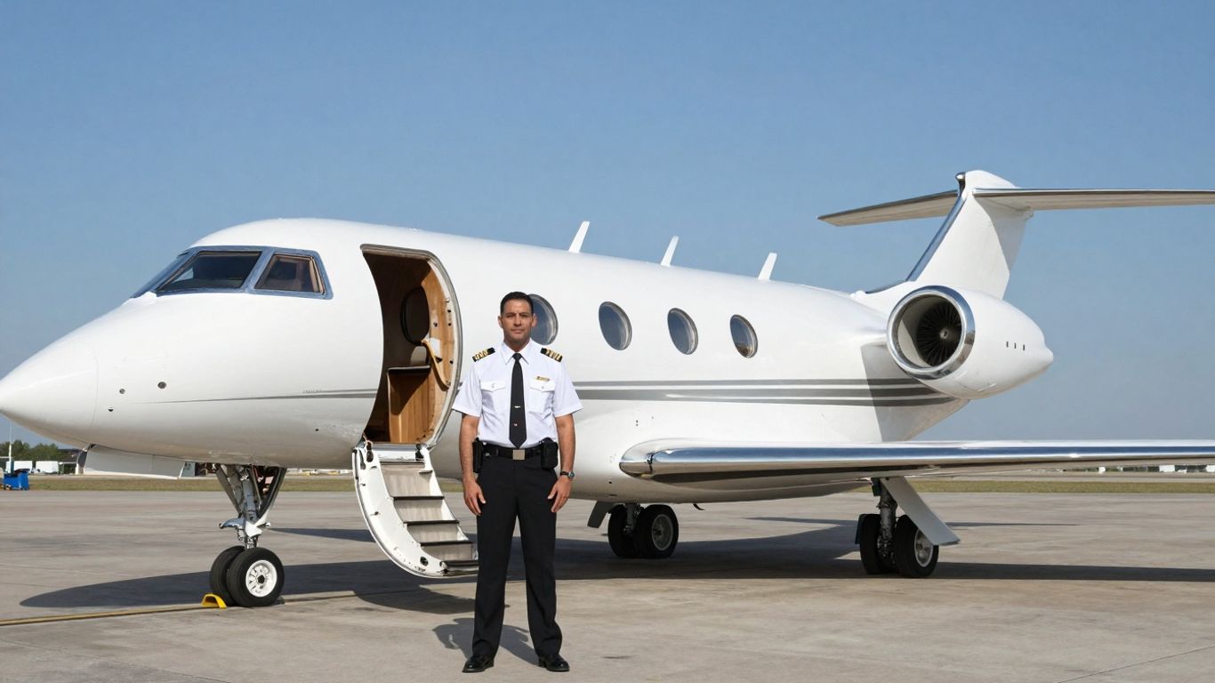 NetJets private jet and pilot on tarmac.