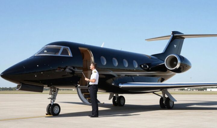 NetJets private jet and pilot on tarmac.