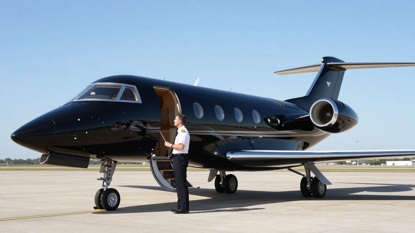 NetJets private jet and pilot on tarmac.