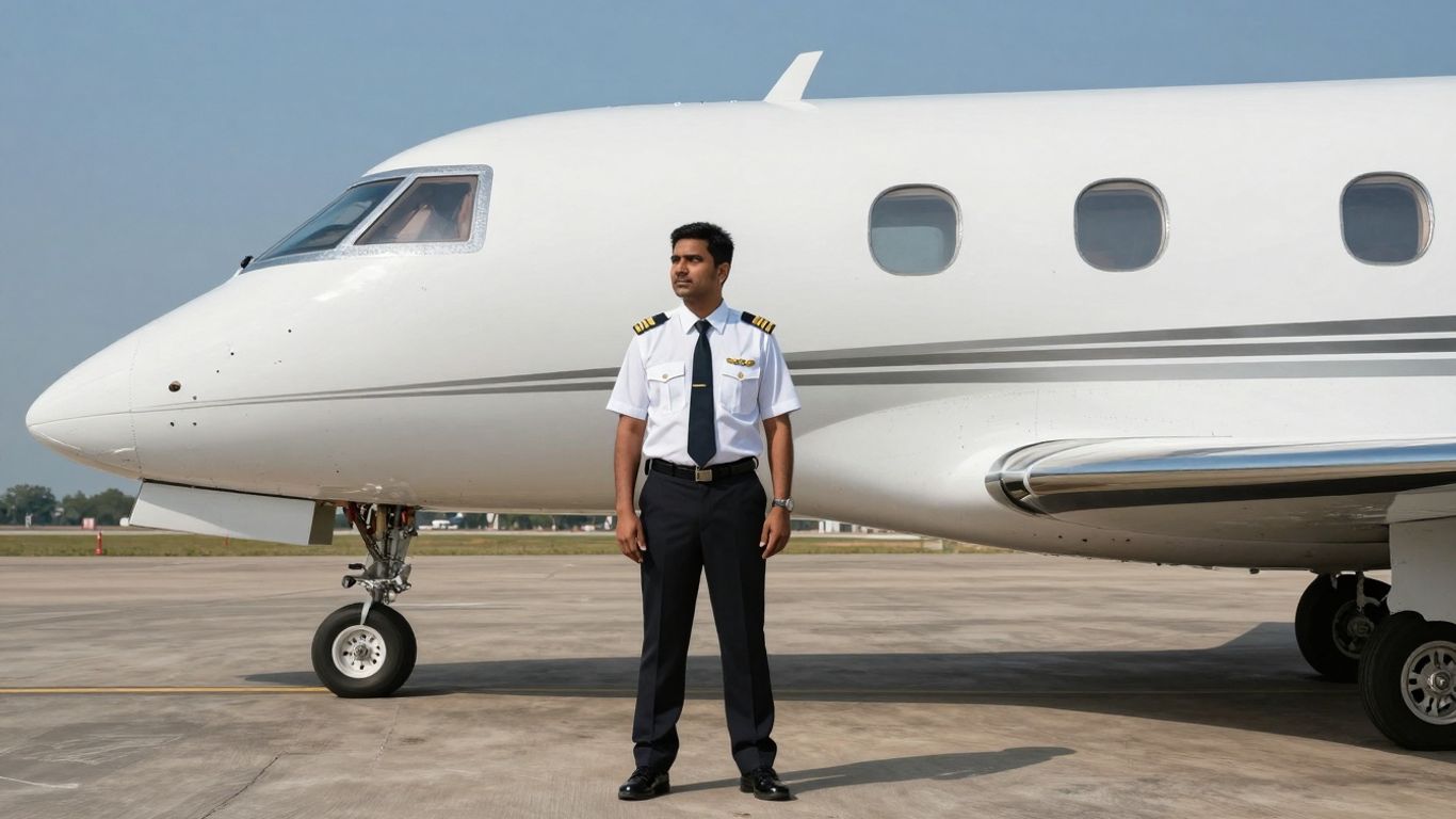 Pilot near a Flexjet private jet on tarmac.