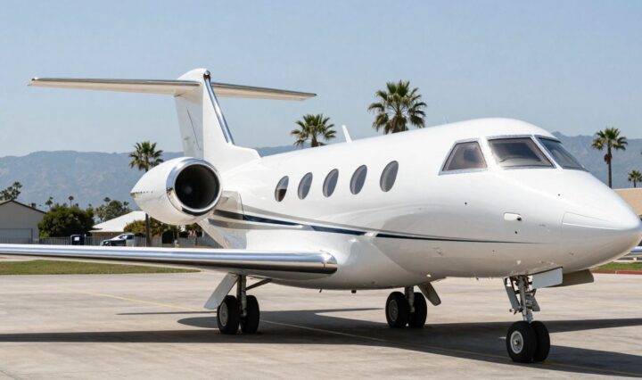 Sleek private jet on California tarmac with mountains.