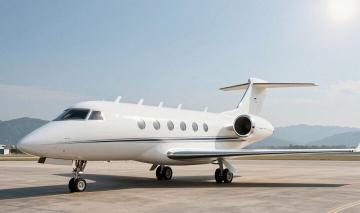 Private jet on tarmac, ready for flight.