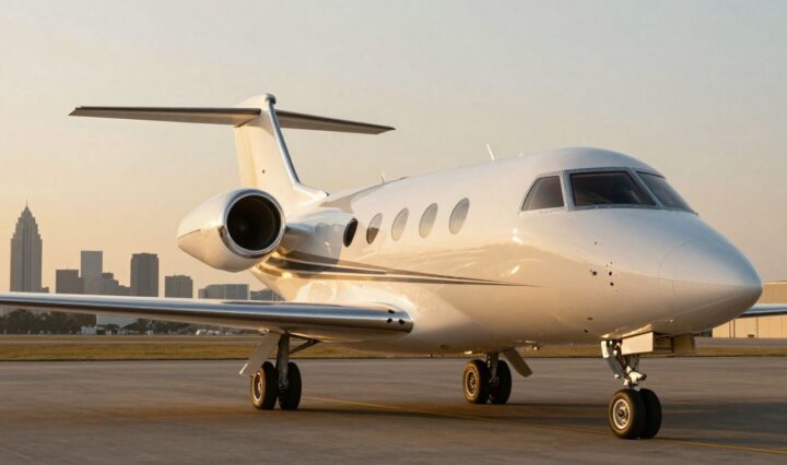 Private jet on Dallas tarmac at sunset.