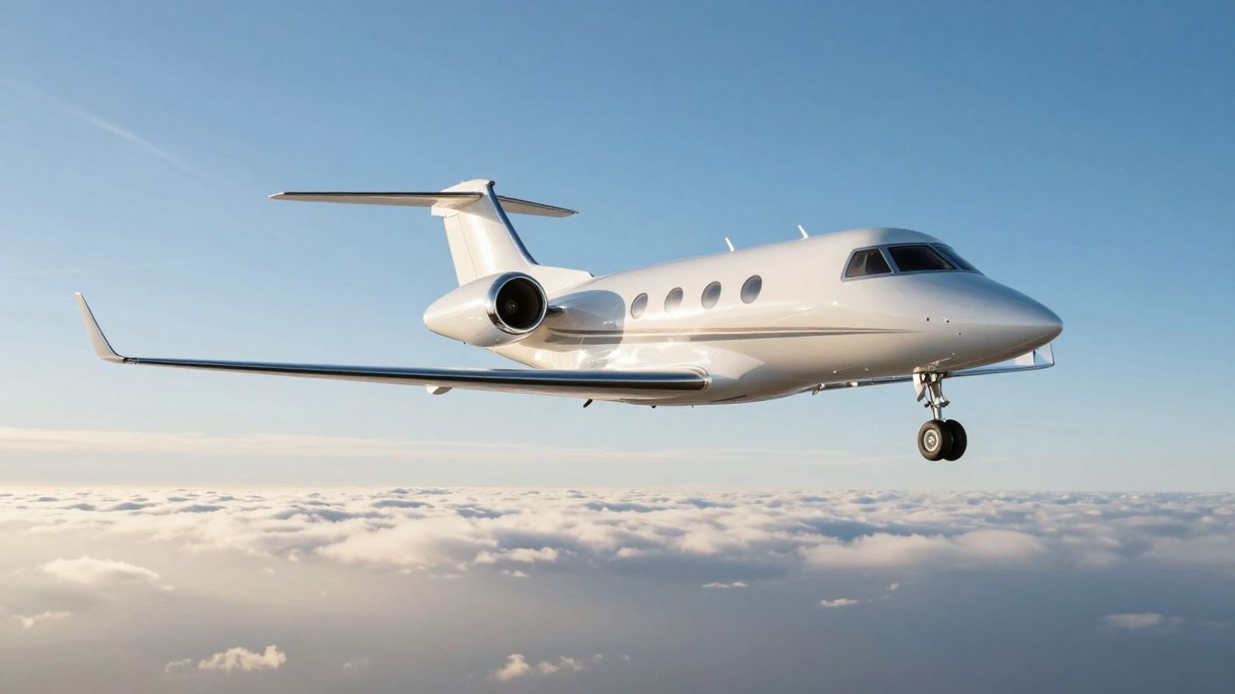 Private jet flying high above clouds.