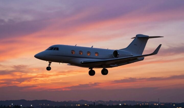 Private jet flying at sunset, luxury travel.