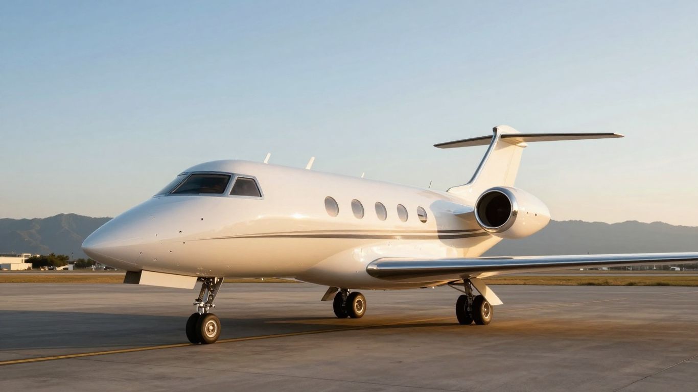 Luxury private jet on tarmac at sunset.