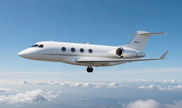 Luxurious private jet flying high in the sky.