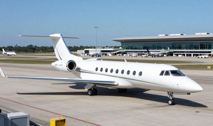 Private jet on tarmac at Sheltair Tampa International Airport.