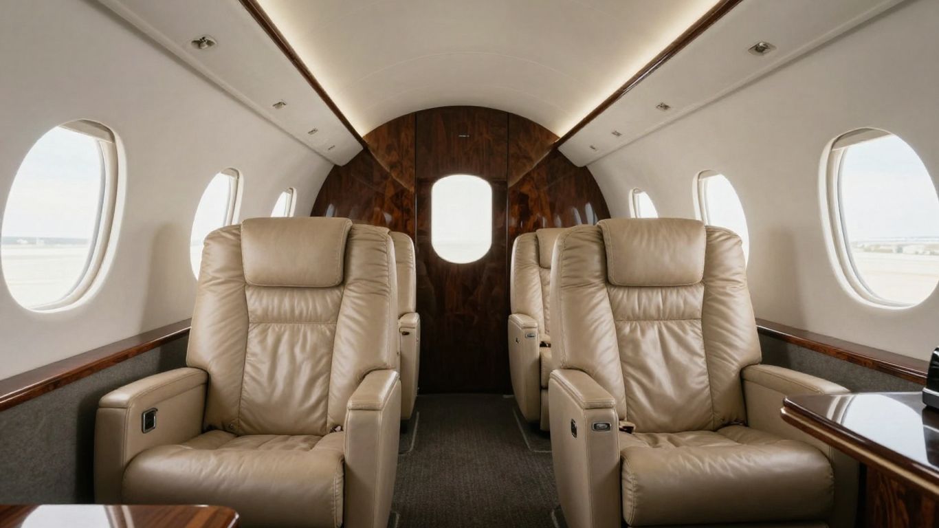 Interior of a luxurious private jet with leather seats.