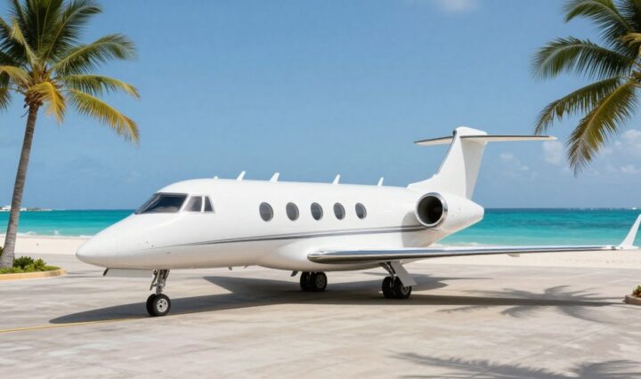 Private jet flying towards a tropical island paradise.
