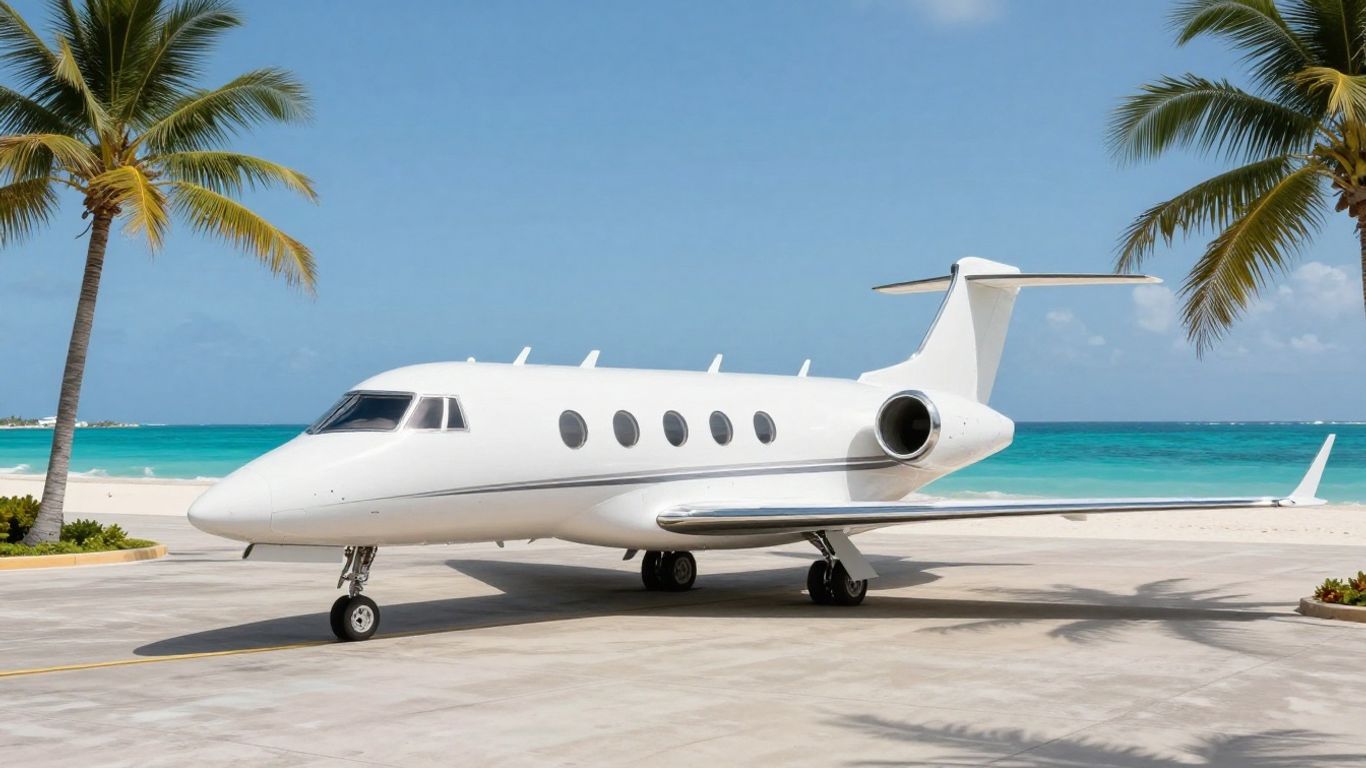Private jet flying towards a tropical island paradise.