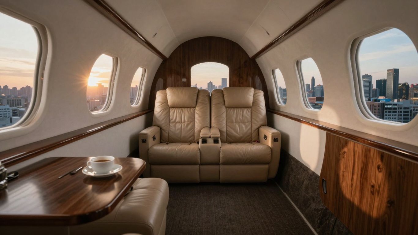 Interior of a luxurious private jet with city view.