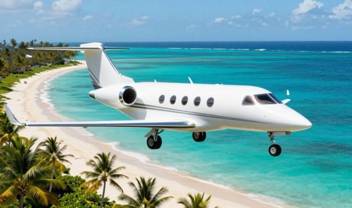 Private jet flying over turquoise waters to the Bahamas.