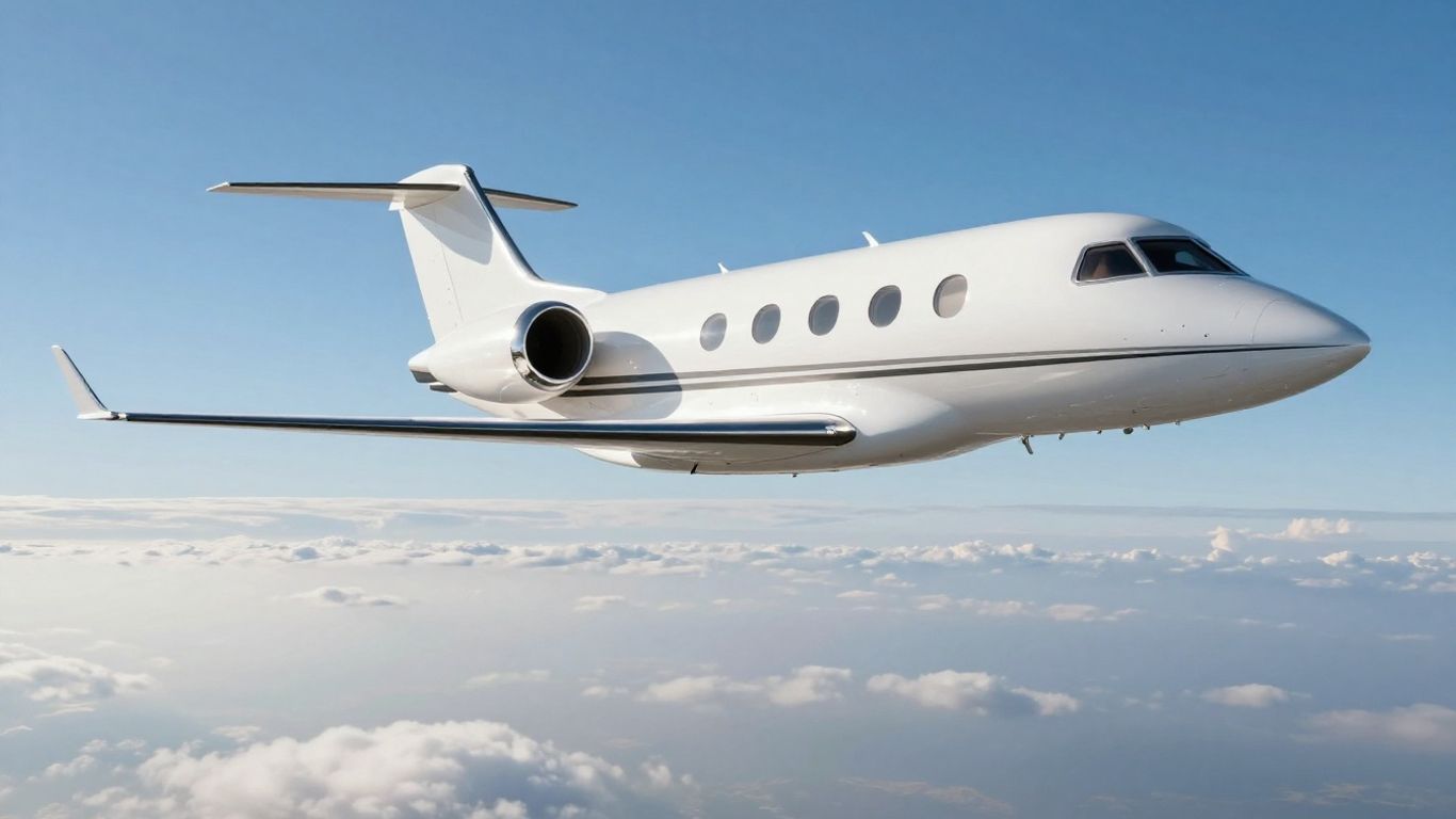 Private jet flying through the sky.