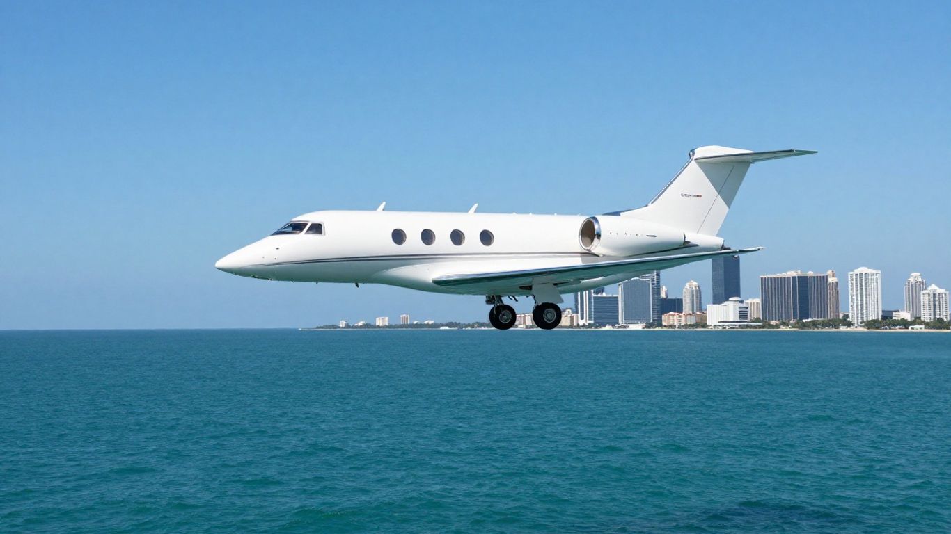 Private jet flying from NYC to Miami over ocean.