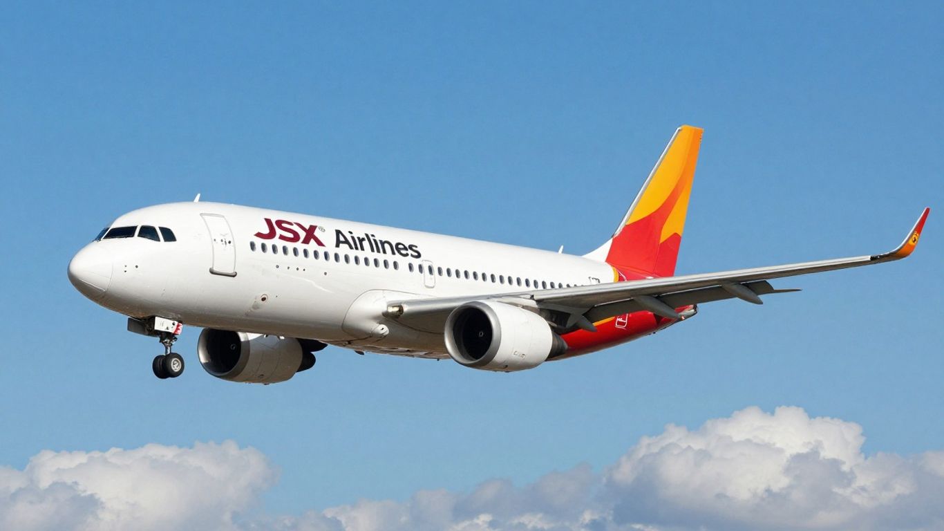 JSX Airlines plane flying in a blue sky.