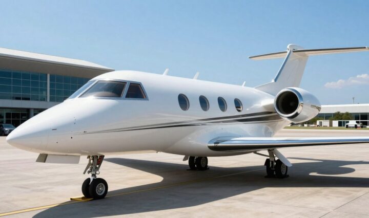 Private jet on tarmac, luxury travel.