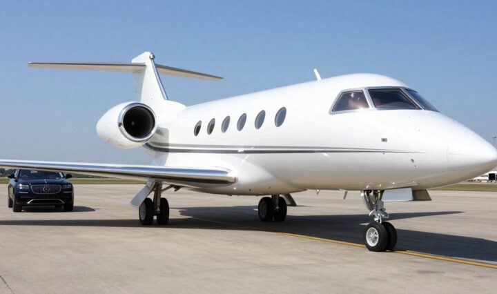Private jet on tarmac with luxury SUV approaching.