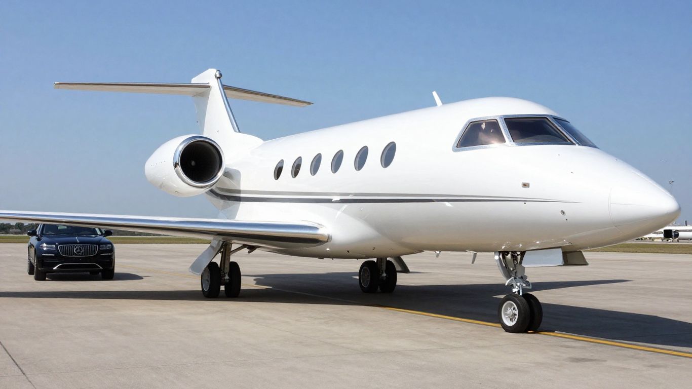 Private jet on tarmac with luxury SUV approaching.