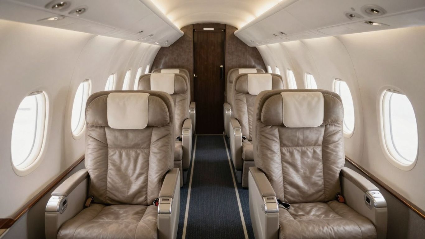 Luxurious semiprivate airplane cabin with comfortable seating.