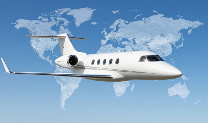 Private jet flying over a globe.