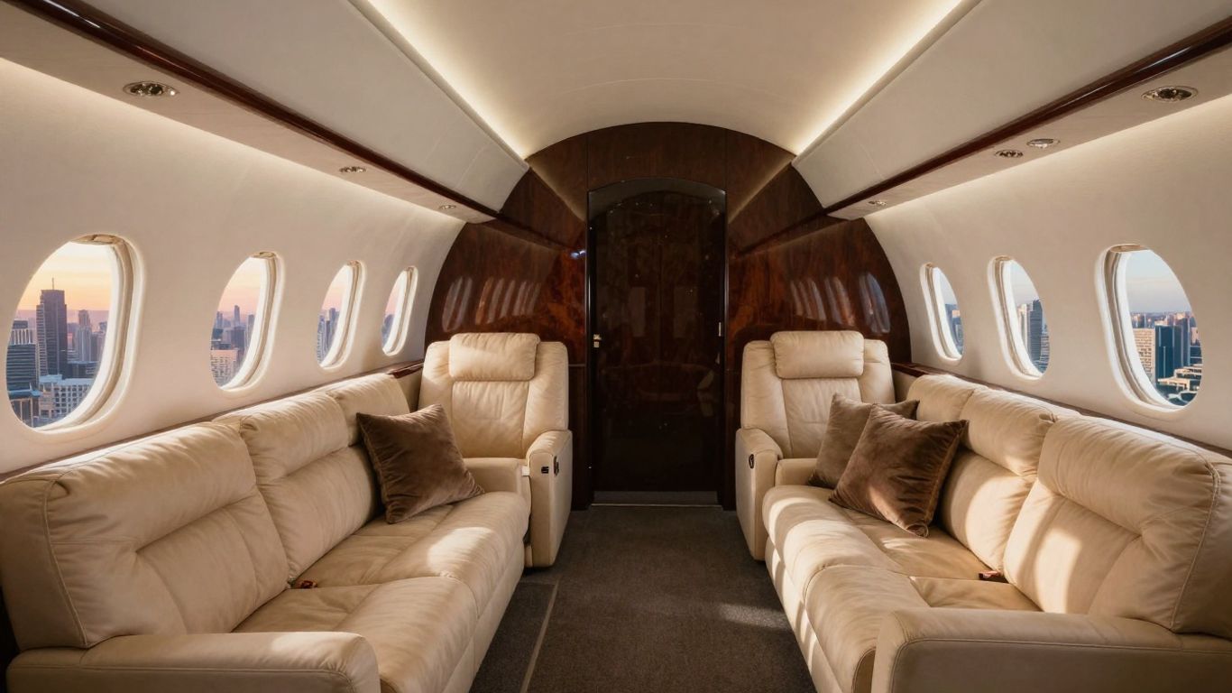 Luxurious private jet interior with city view at sunset.