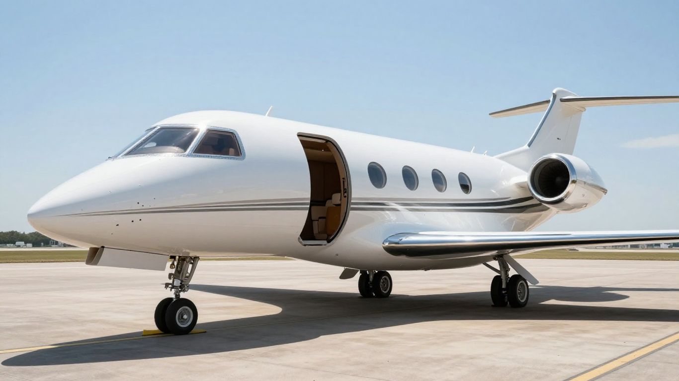 Sleek private jet on tarmac, luxury travel.