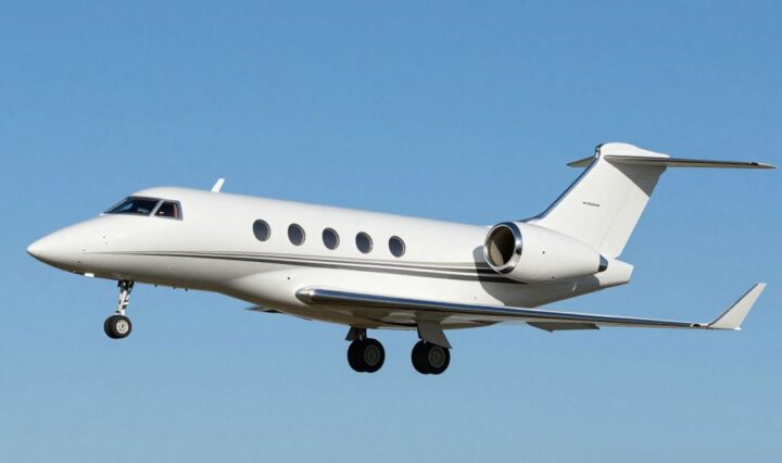 Sleek private jet flying in a clear blue sky.