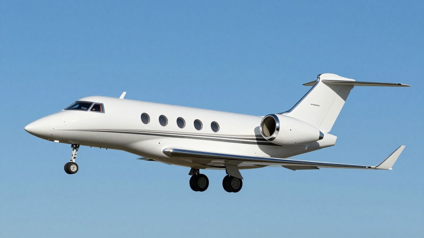 Sleek private jet flying in a clear blue sky.