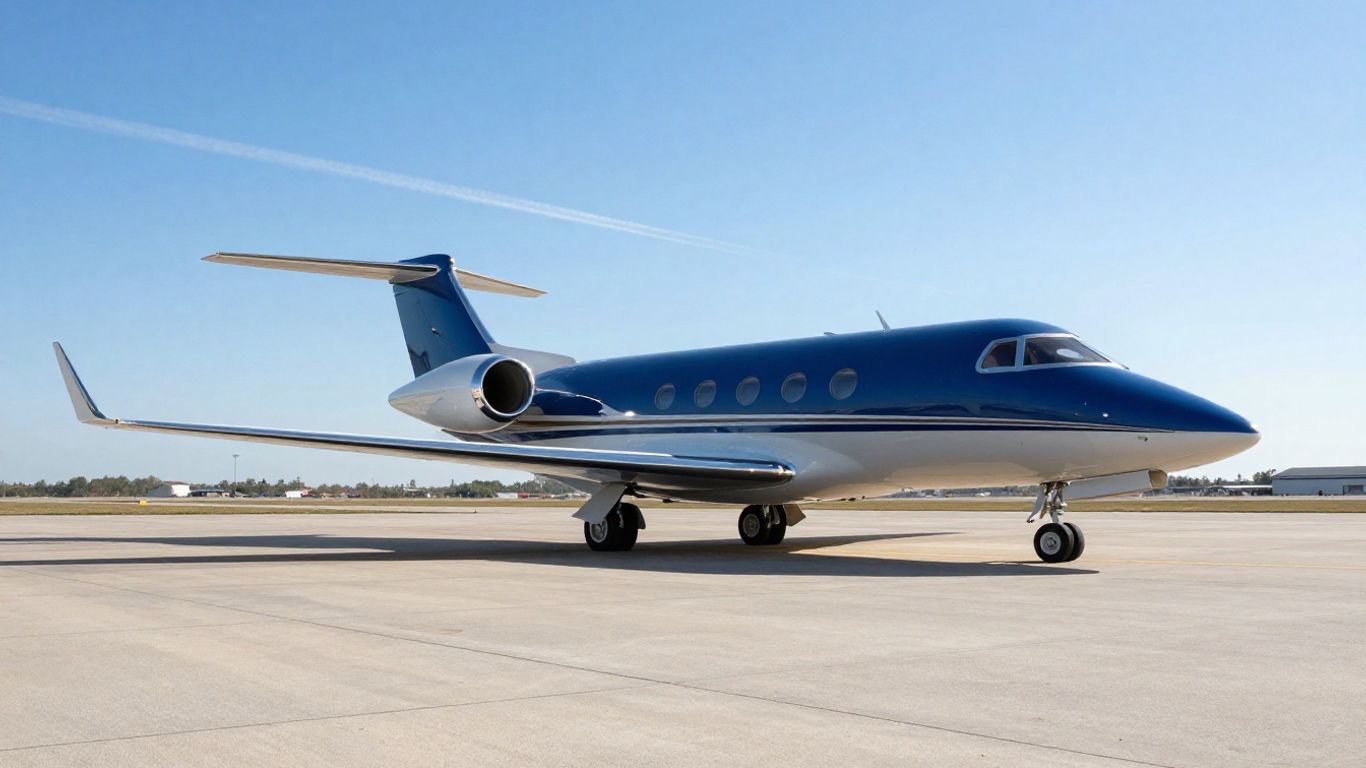 Private jet flying in a clear blue sky.