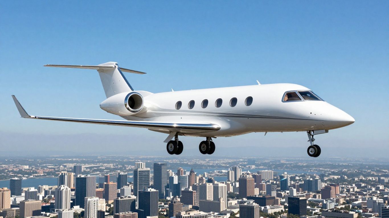 Sleek private jet flying over a city.
