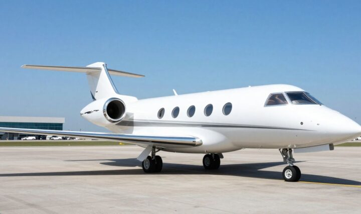 Sleek private jet on airport tarmac