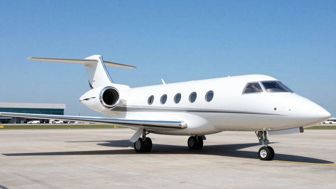 Sleek private jet on airport tarmac