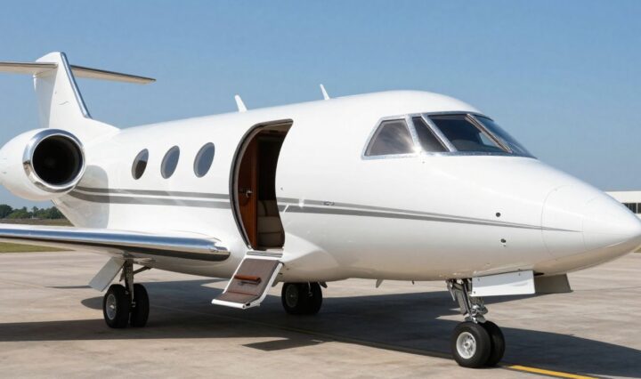 Sleek private jet on tarmac, luxurious cabin visible.