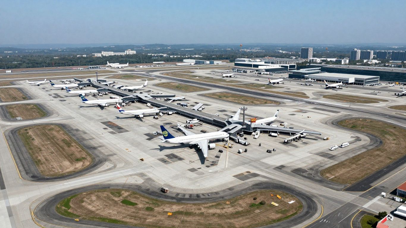 Aerial view of a giant busy airport.